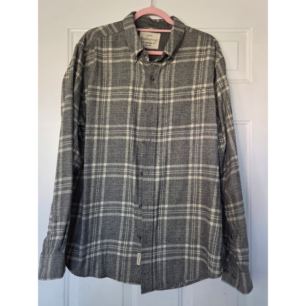 Weatherproof Vintage Mens XL Grey White Plaid Flannel Button Down Shirt Long Slv